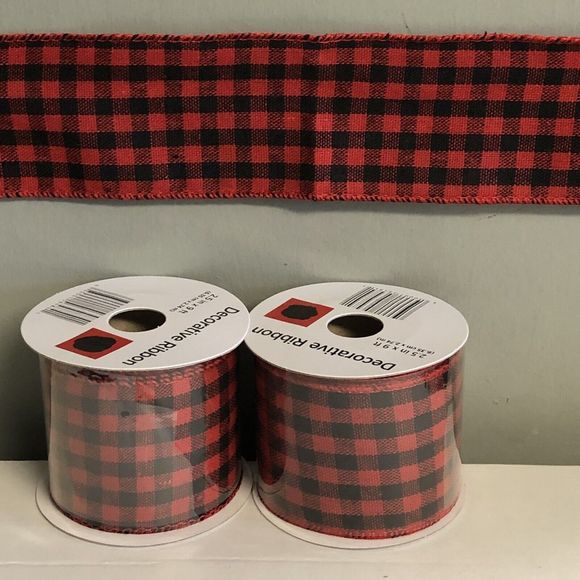 CHRISTMAS 🎄 Red Black Buffalo Plaid Ribbon 2.5 in x 9 Ft Wired Edge Lot Of 2 PCs - Picture 2 of 5